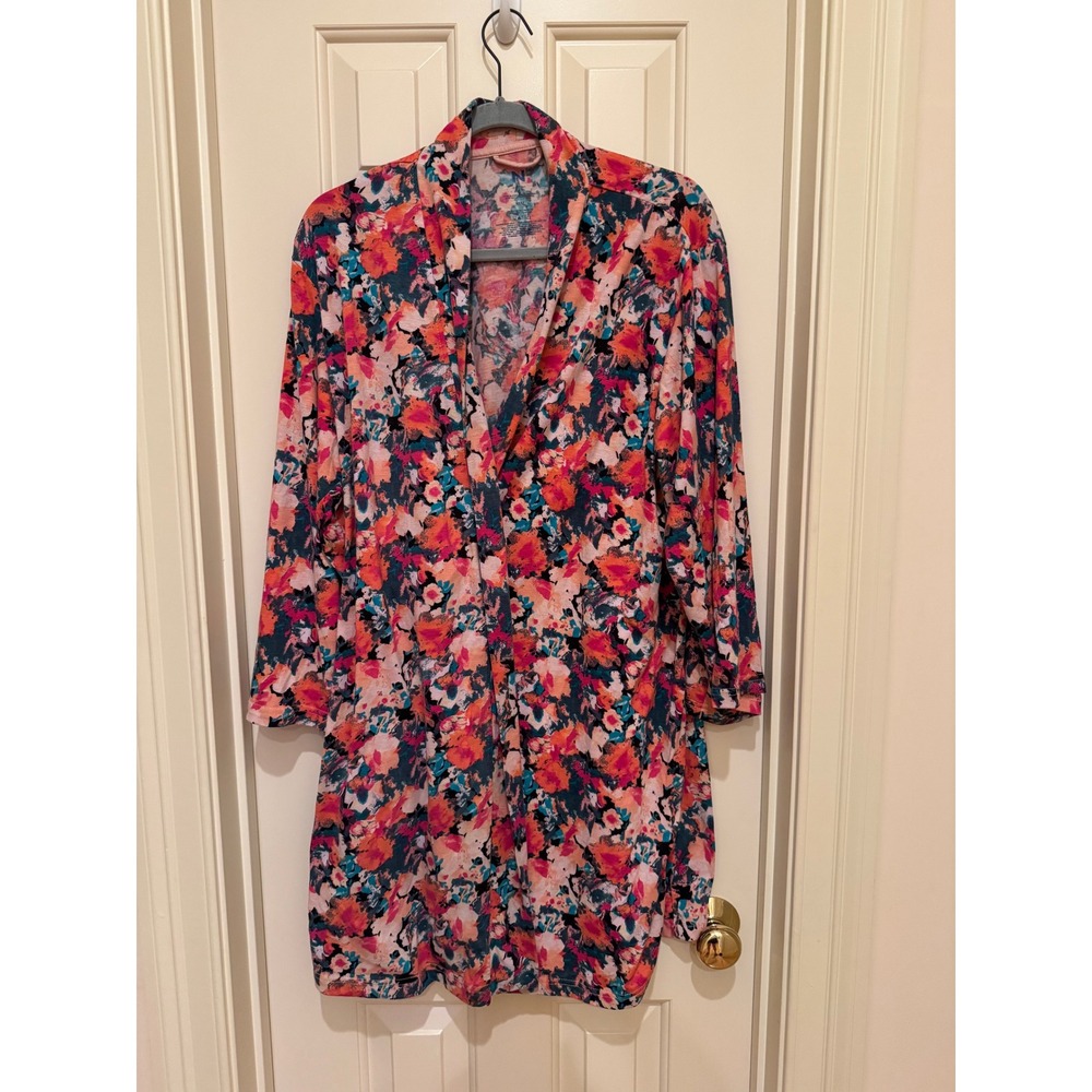 Natori Floral Robe Womens Medium Multicolor 3/4 Sleeve Knit Loungewear No Belt
